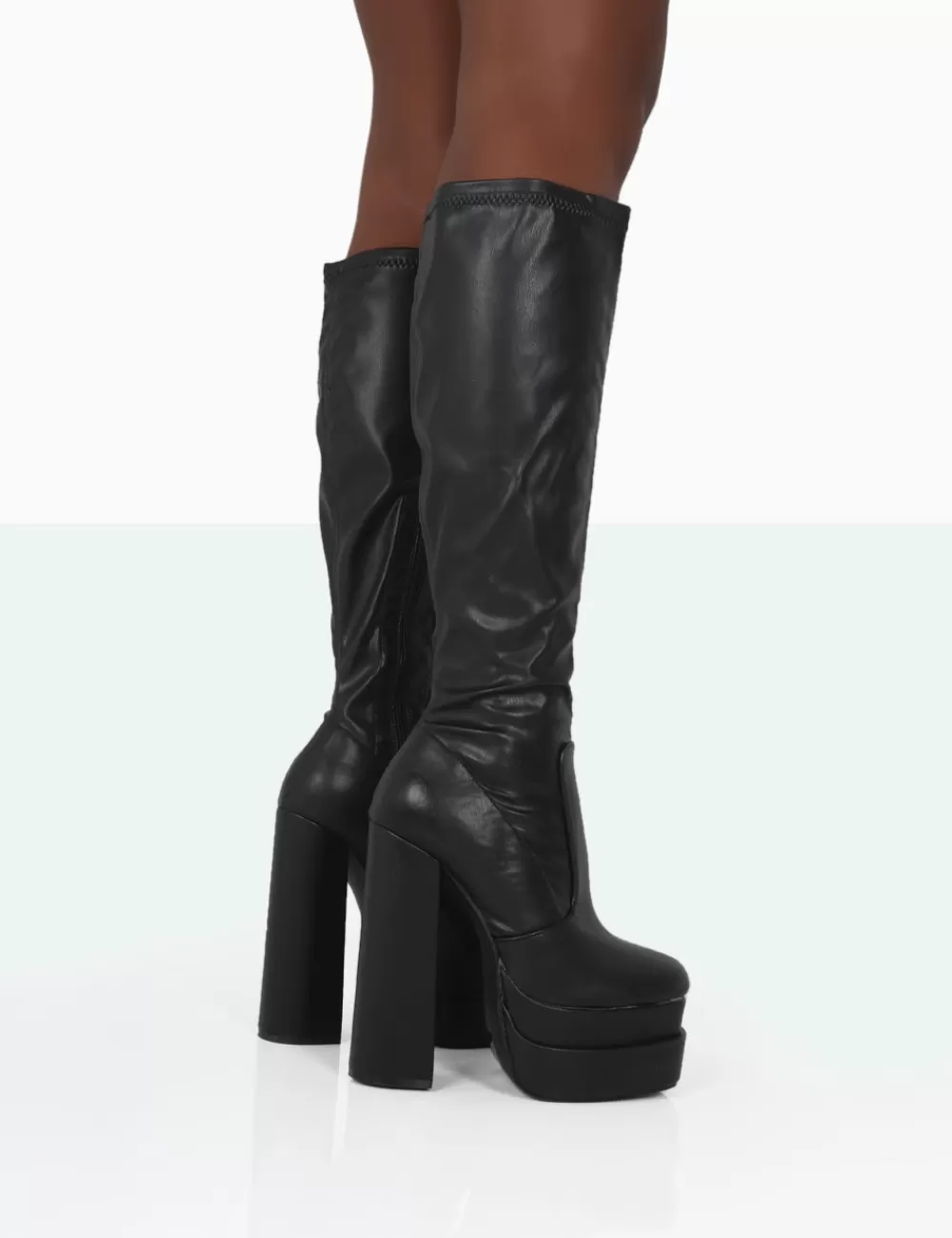 Sale Public Desire Passive PU Square Toe Platform Block High Heel Over The Knee Boots Black