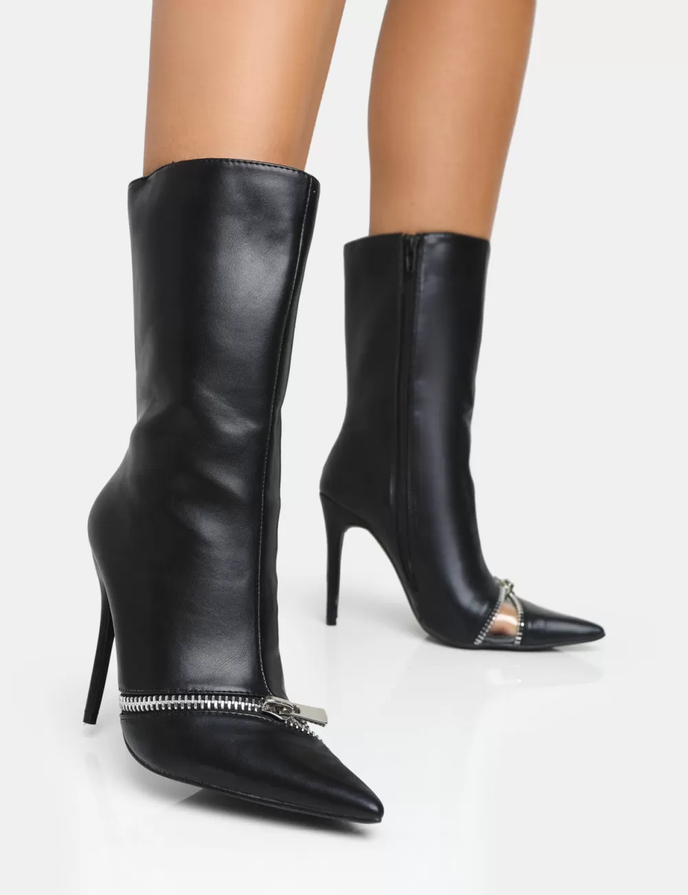 Outlet Public Desire Pitstop Pu Zip Detail Pointed Toe Stiletto Heel Ankle Boots Black