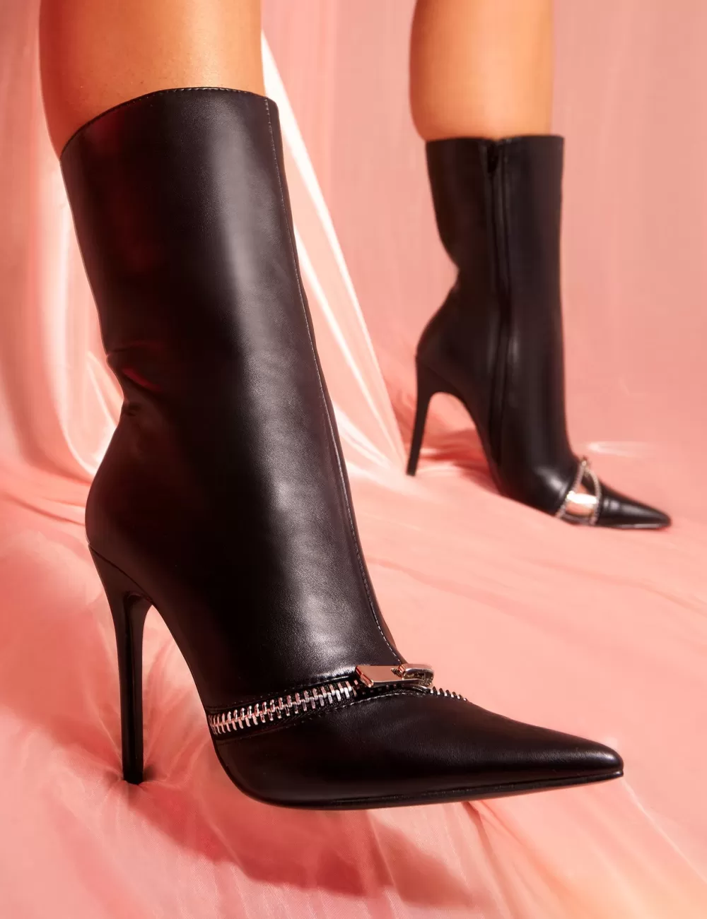 Outlet Public Desire Pitstop Pu Zip Detail Pointed Toe Stiletto Heel Ankle Boots Black