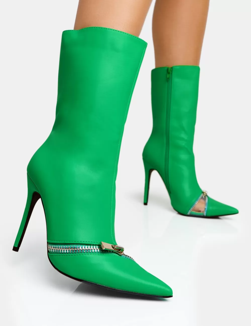 Cheap Public Desire Pitstop Green Pu Zip Detail Pointed Toe Stiletto Heel Ankle Boots Black