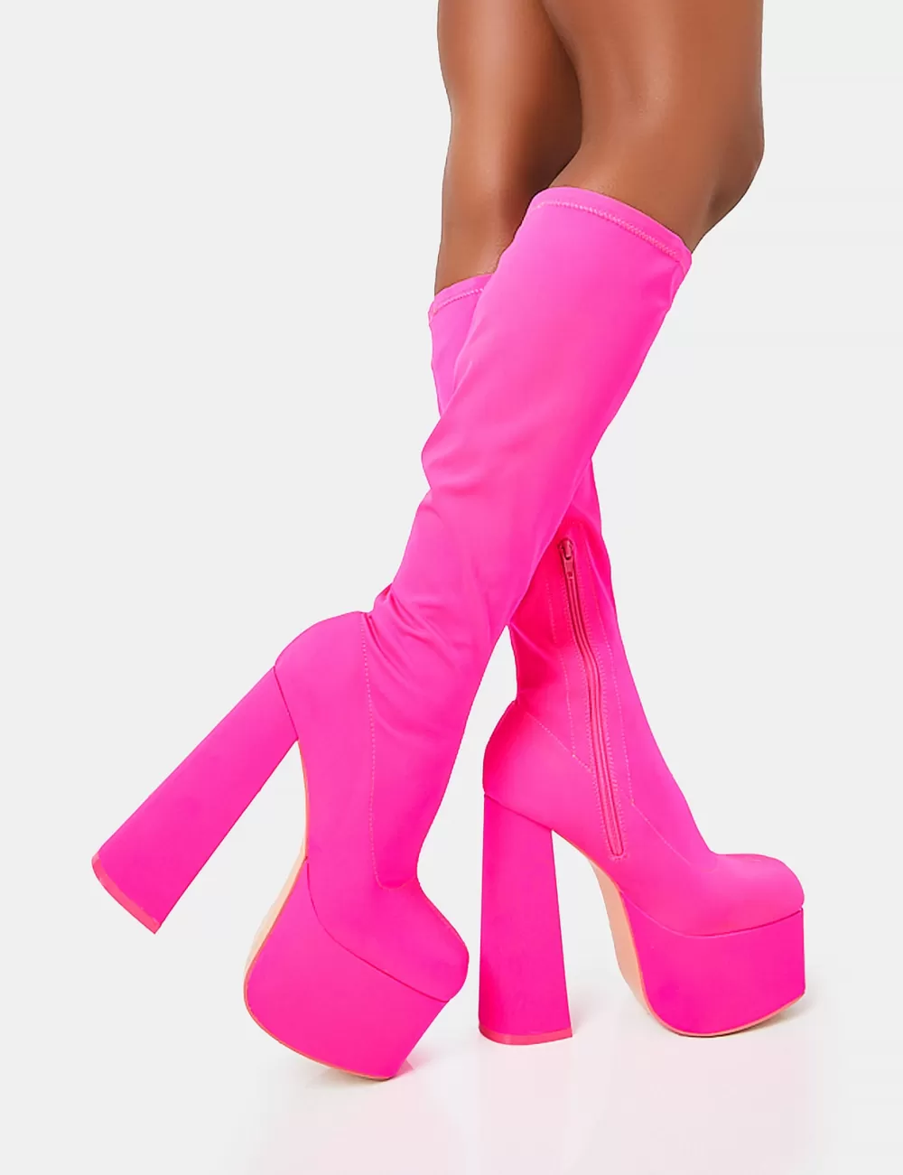 Cheap Public Desire Polished Hot Nylon Platform Rounded Block Heeled Knee High Boots Pink