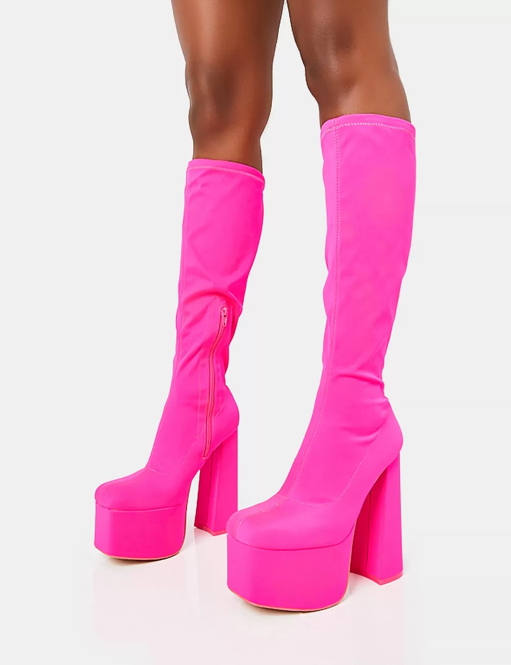 Cheap Public Desire Polished Hot Nylon Platform Rounded Block Heeled Knee High Boots Pink