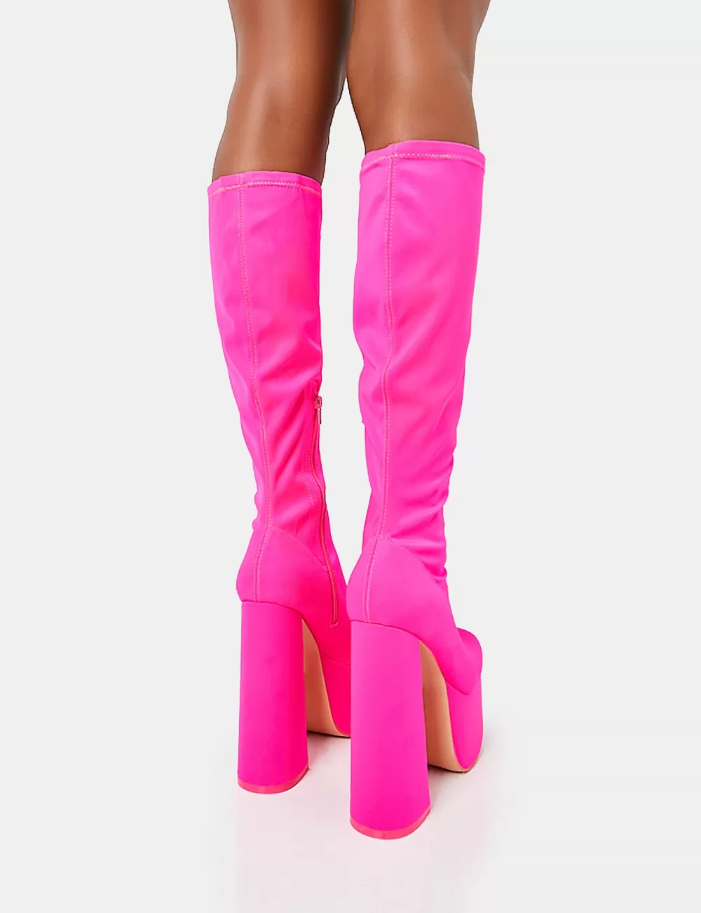 Cheap Public Desire Polished Hot Nylon Platform Rounded Block Heeled Knee High Boots Pink