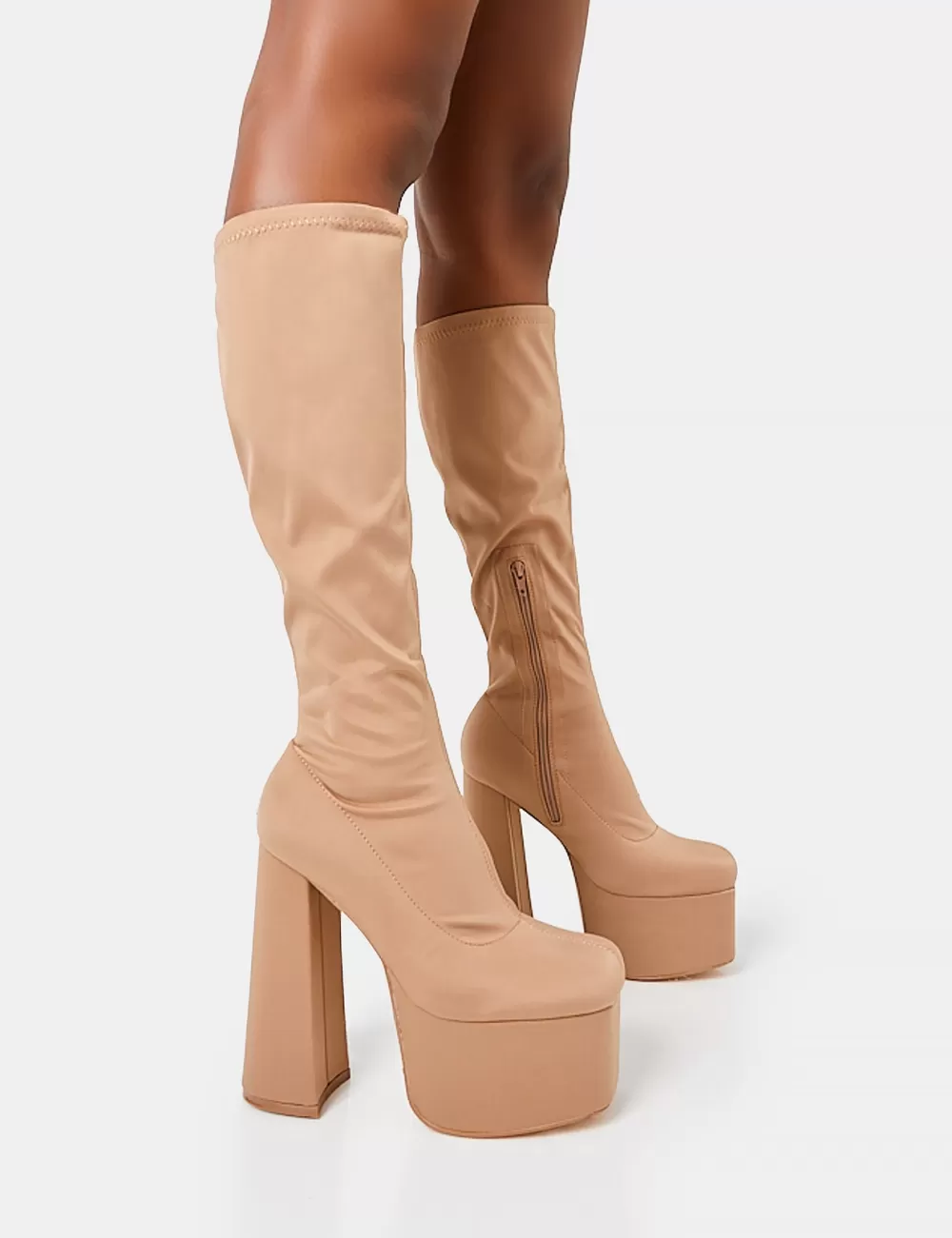 Best Sale Public Desire Polished Taupe Nylon Platform Rounded Block Heeled Knee High Boots Neutral