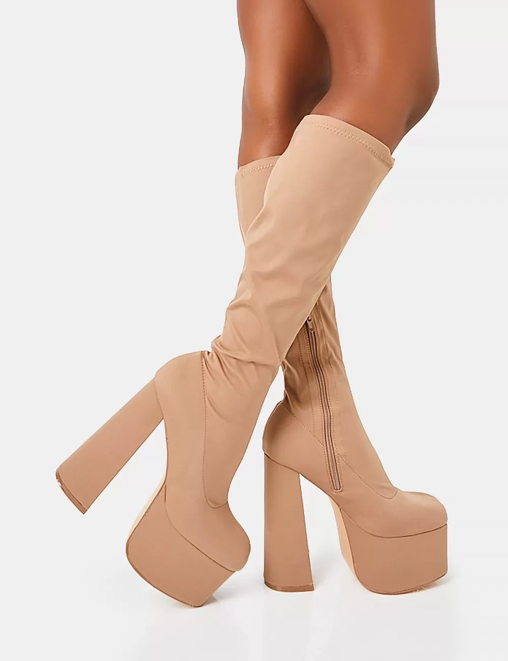 Best Sale Public Desire Polished Taupe Nylon Platform Rounded Block Heeled Knee High Boots Neutral