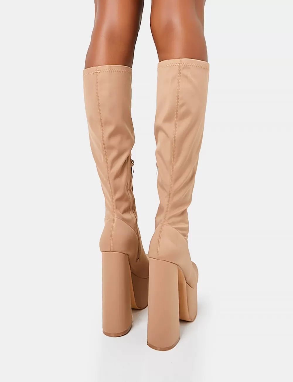 Best Sale Public Desire Polished Taupe Nylon Platform Rounded Block Heeled Knee High Boots Neutral