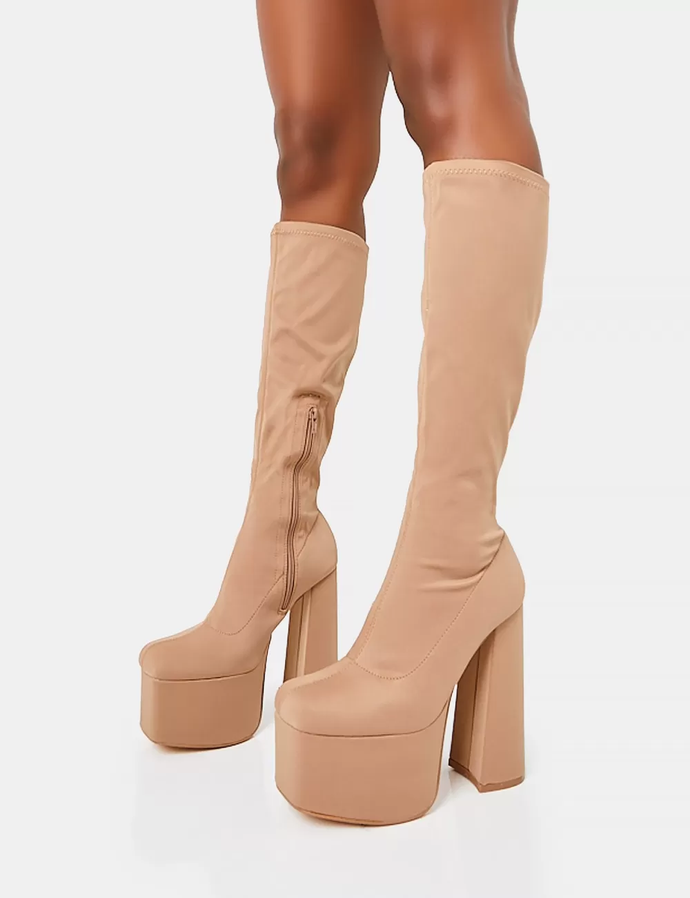 Best Sale Public Desire Polished Taupe Nylon Platform Rounded Block Heeled Knee High Boots Neutral