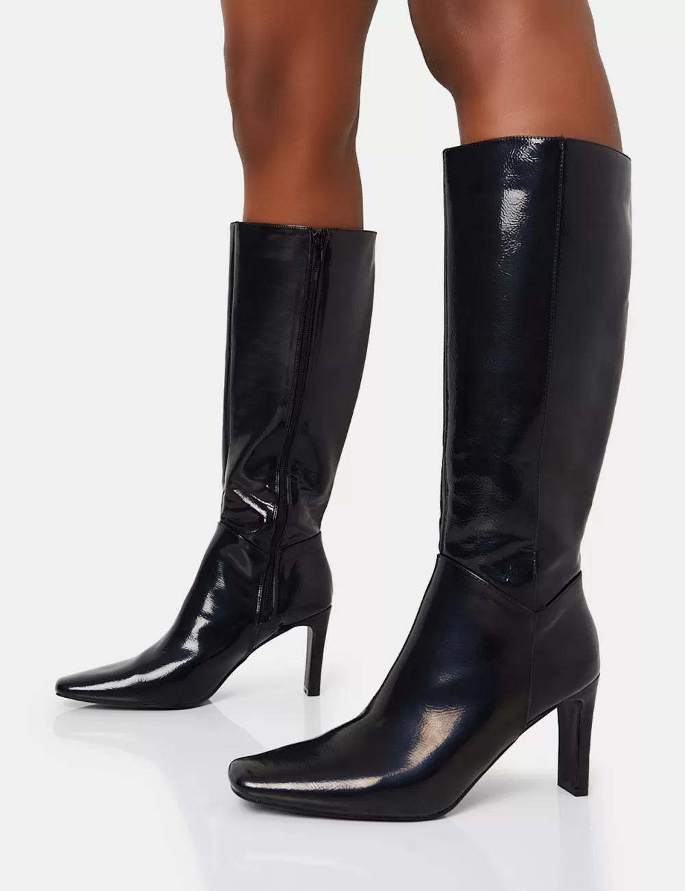 Sale Public Desire Pose Textured Pu Zip Up Knee High Slim Block Heeled Boots Black