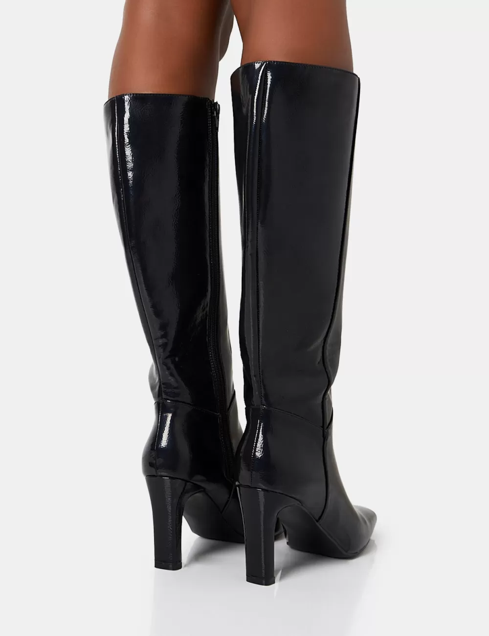 Sale Public Desire Pose Textured Pu Zip Up Knee High Slim Block Heeled Boots Black