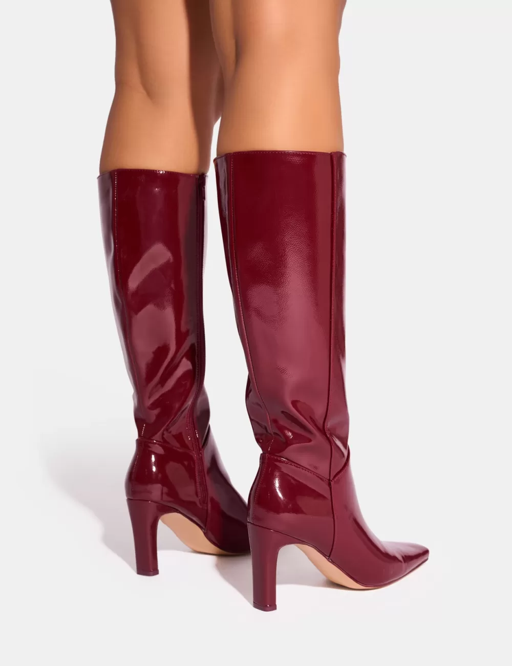 New Public Desire Pose Patent Zip Knee High Slim Block Heeled Boots Burgundy