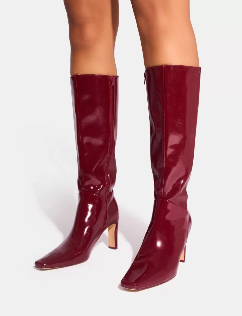 New Public Desire Pose Patent Zip Knee High Slim Block Heeled Boots Burgundy