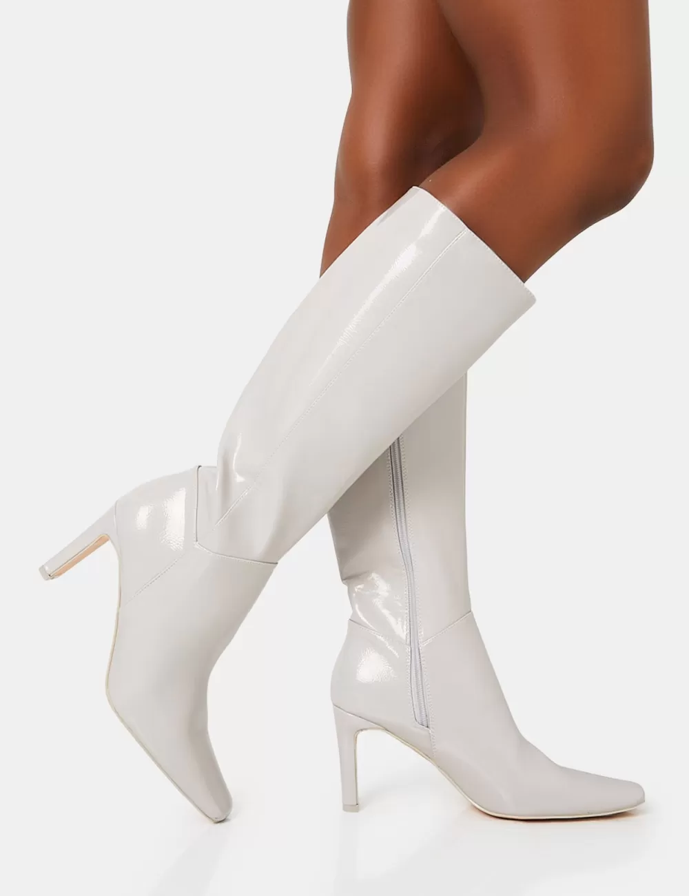 Best Sale Public Desire Pose Textured Patent Pu Zip Up Knee High Slim Block Heeled Boots Grey