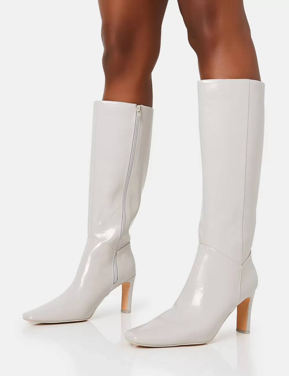 Best Sale Public Desire Pose Textured Patent Pu Zip Up Knee High Slim Block Heeled Boots Grey