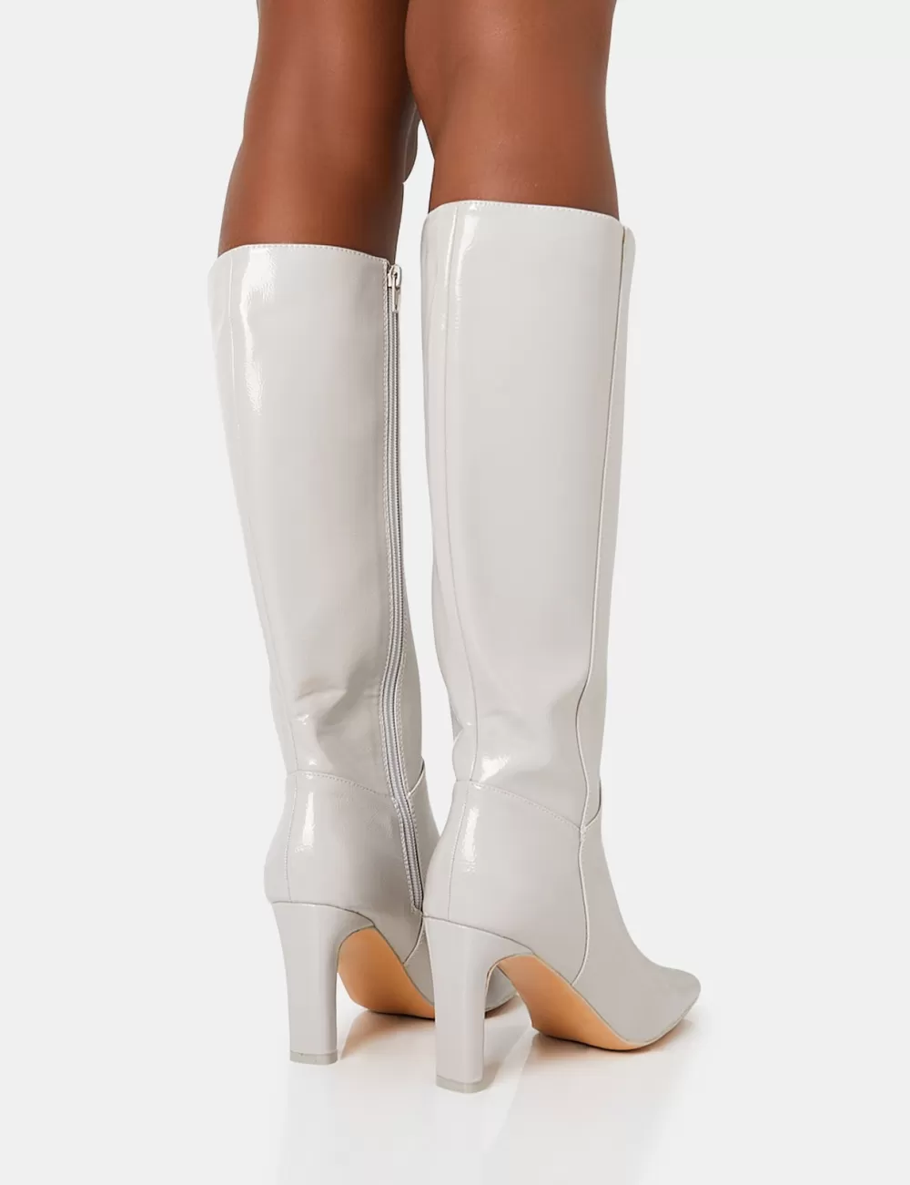Best Sale Public Desire Pose Textured Patent Pu Zip Up Knee High Slim Block Heeled Boots Grey