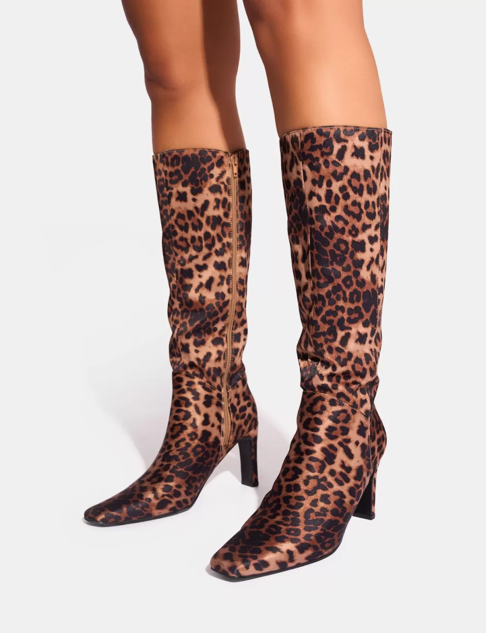 Shop Public Desire Pose Wide Fit Zip Up Knee High Slim Block Heeled Boots Leopard
