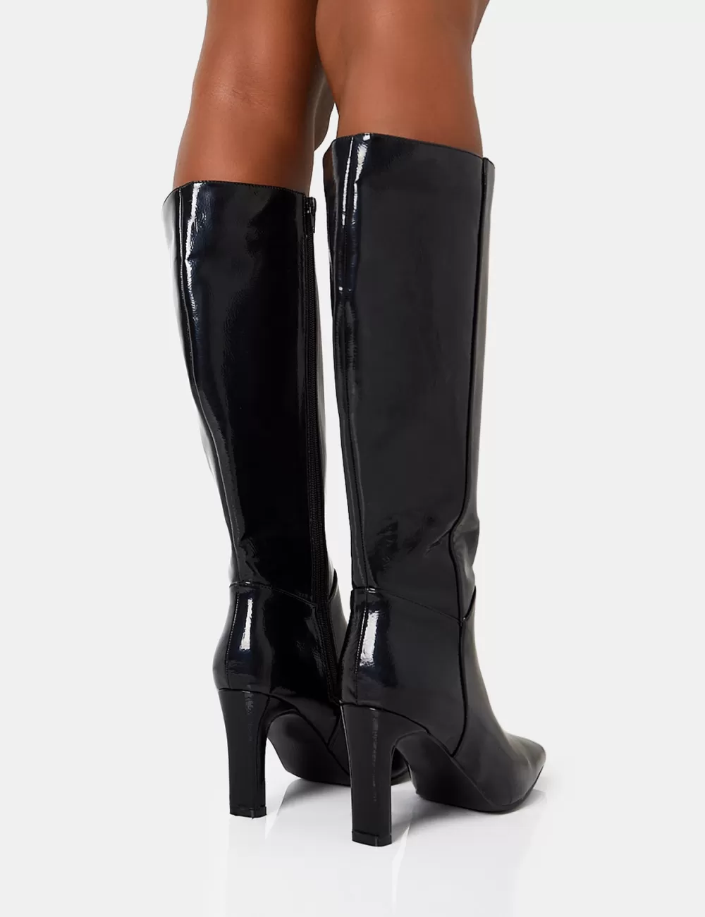 Hot Public Desire Pose Wide Fit Textured Zip Up Knee High Slim Block Heeled Boots Black