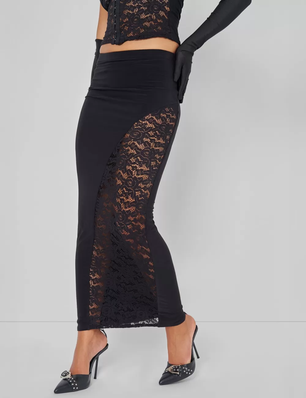 Best Public Desire Lace High Split Maxi Skirt Co-ord in Black