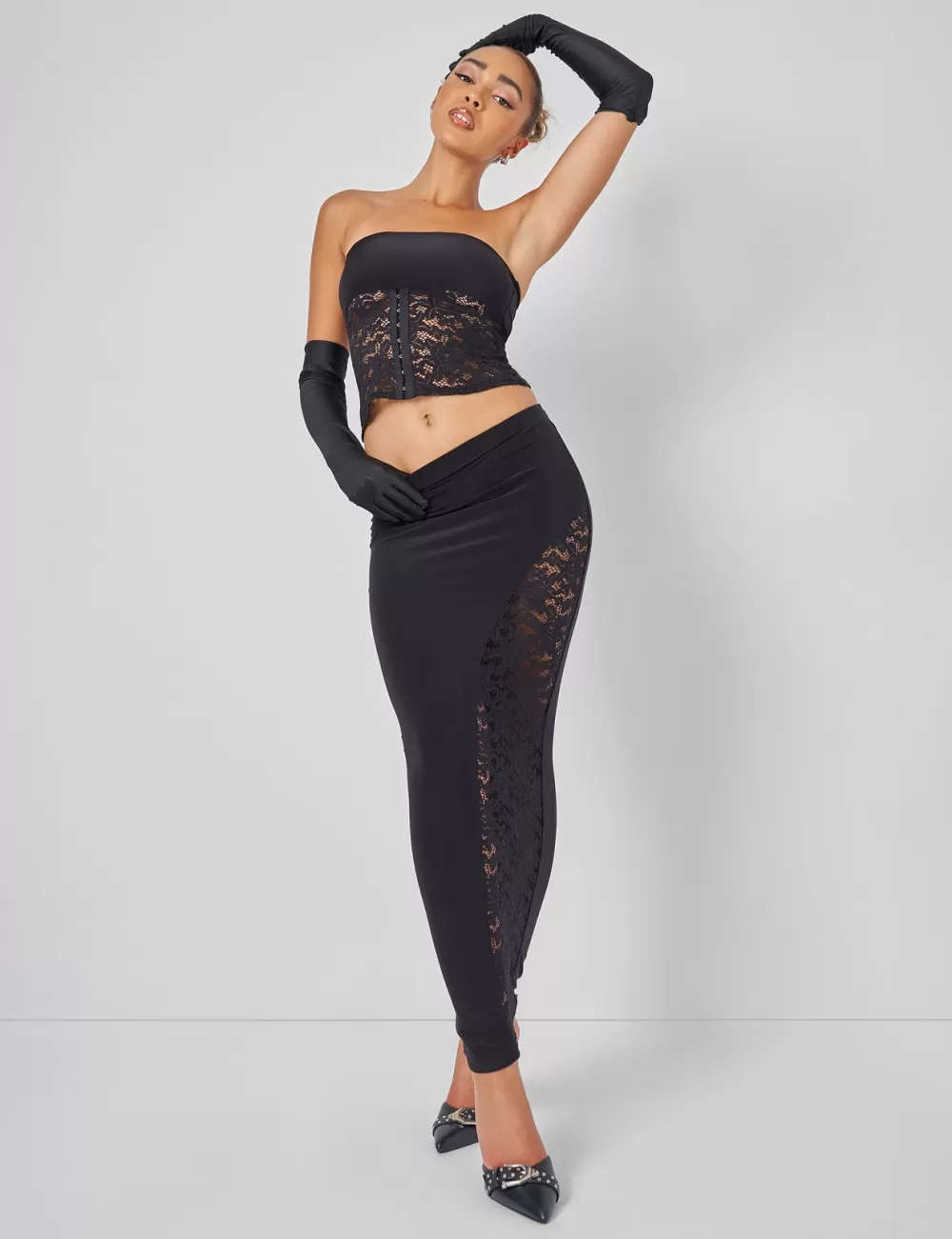 Cheap Public Desire Lace Hook and Eye Bandeau Top Co-ord in Black
