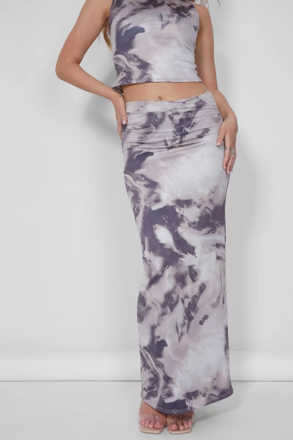 Hot Public Desire V Front Maxi Skirt Co-ord in Print Brown