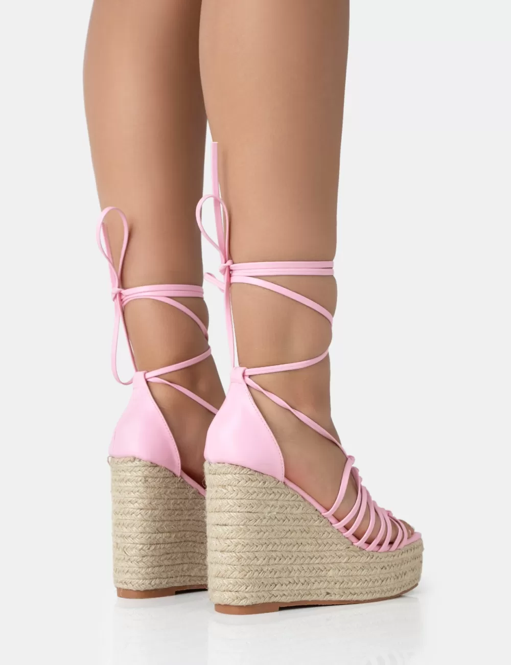 Cheap Public Desire Reece Baby PU Knot Strap Lace Up Raffia Wedge Heels Pink