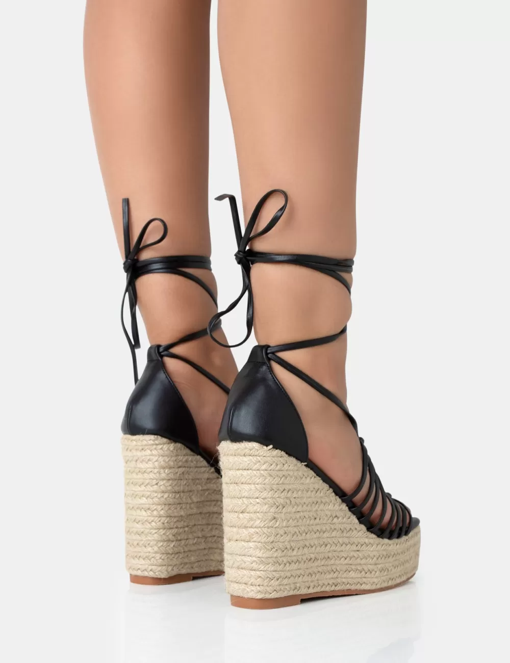 Shop Public Desire Reece PU Knot Strap Lace Up Raffia Wedge Heels Black