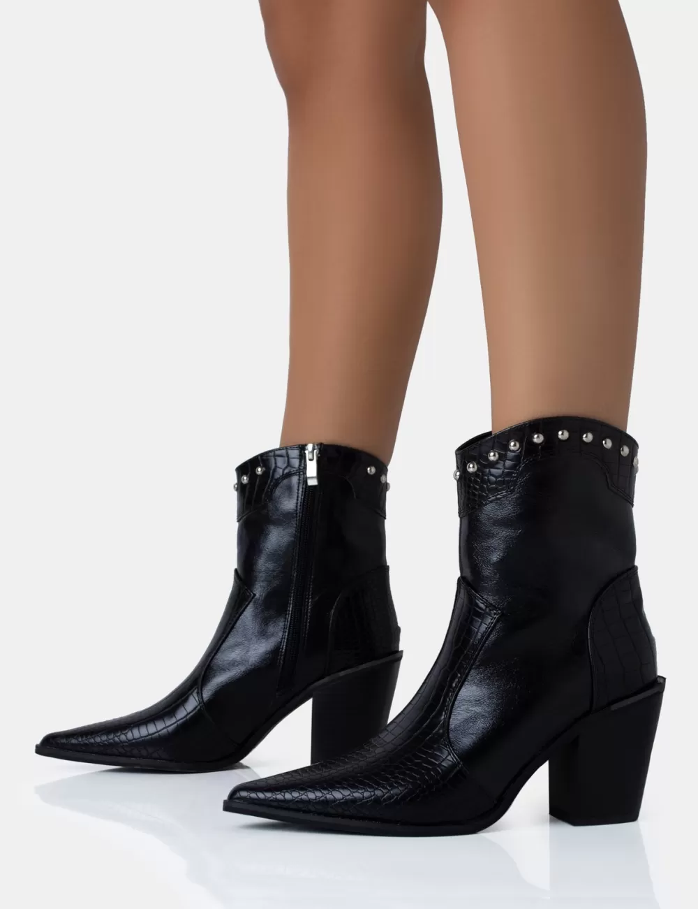 Fashion Public Desire Riley Croc Metal Studded Detail Western Cowboy Block Ankle Boots Black