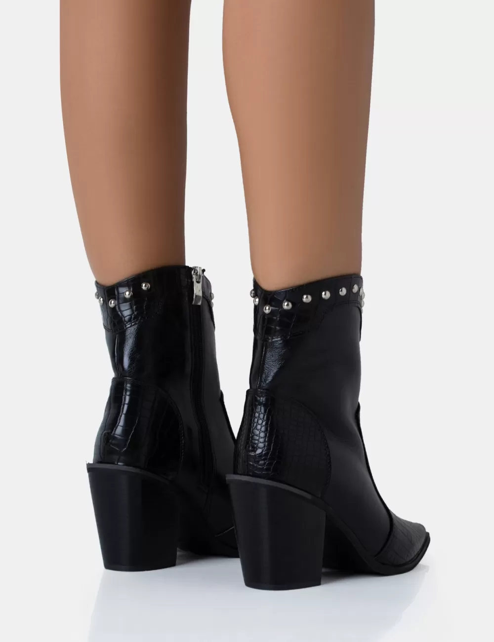 Fashion Public Desire Riley Croc Metal Studded Detail Western Cowboy Block Ankle Boots Black