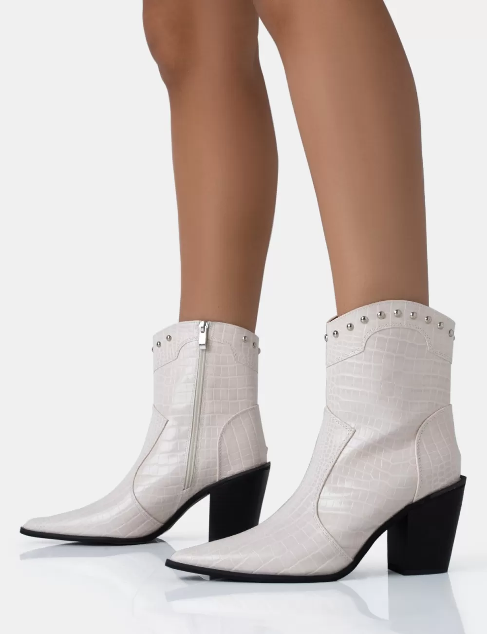 Online Public Desire Riley Ecru Croc Metal Studded Detail Western Cowboy Block Ankle Boots Neutral
