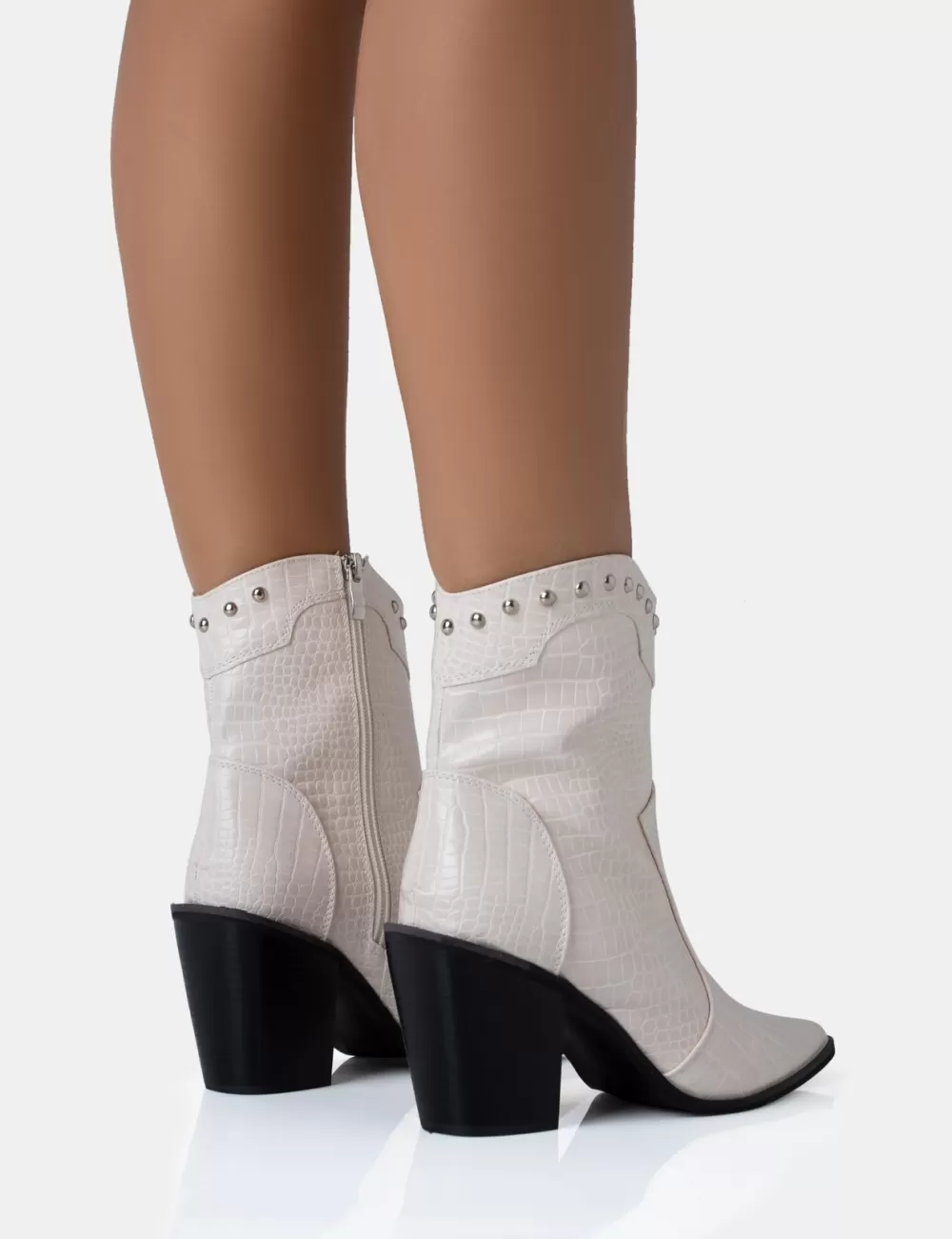 Online Public Desire Riley Ecru Croc Metal Studded Detail Western Cowboy Block Ankle Boots Neutral