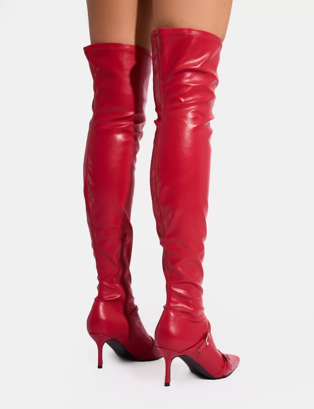Outlet Public Desire Roulette Pointed Toe Diamante Buckle Mid Heel Over The Knee Sock Boots Red