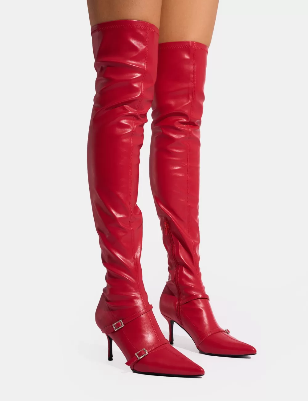 Outlet Public Desire Roulette Pointed Toe Diamante Buckle Mid Heel Over The Knee Sock Boots Red