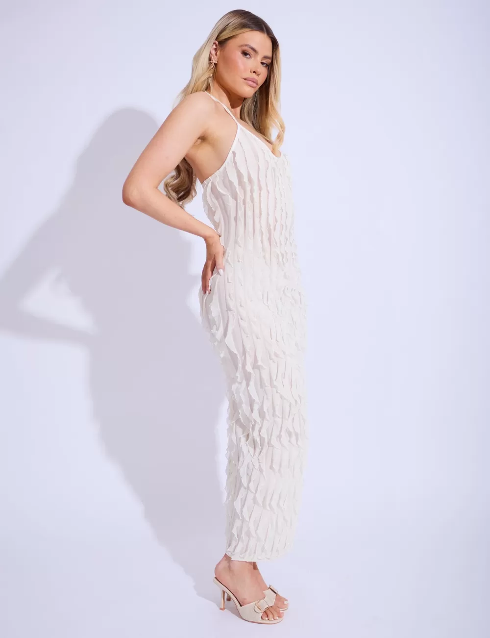 Shop Public Desire Ruffle Detail Halter Neck Maxi Dress Cream