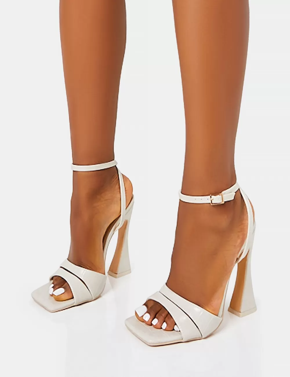 Flash Sale Public Desire Saintly Ecru Croc Wrap Around the Ankle Barley There Square Toe Flared Block High Heels Neutral