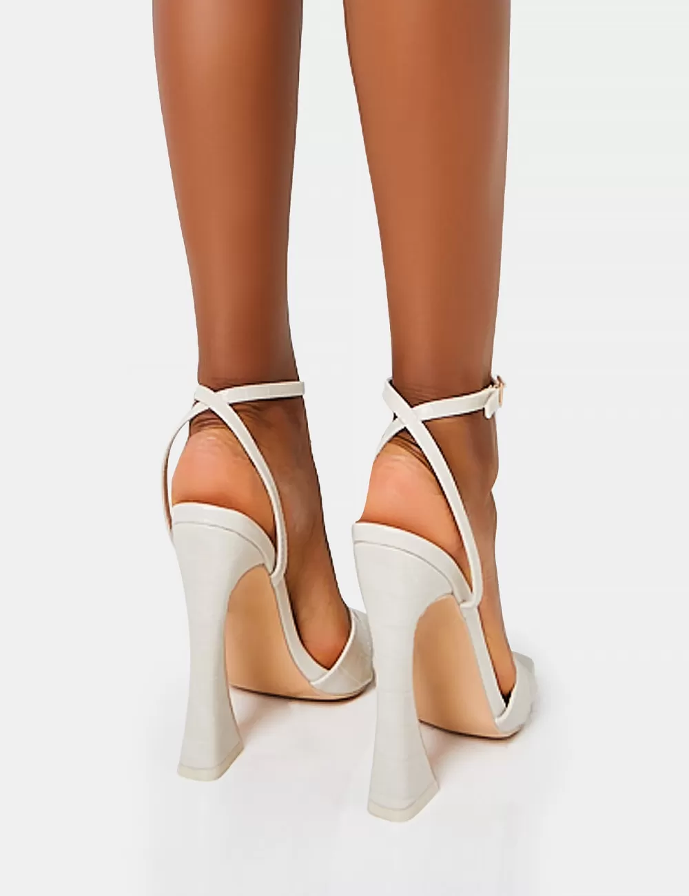 Flash Sale Public Desire Saintly Ecru Croc Wrap Around the Ankle Barley There Square Toe Flared Block High Heels Neutral