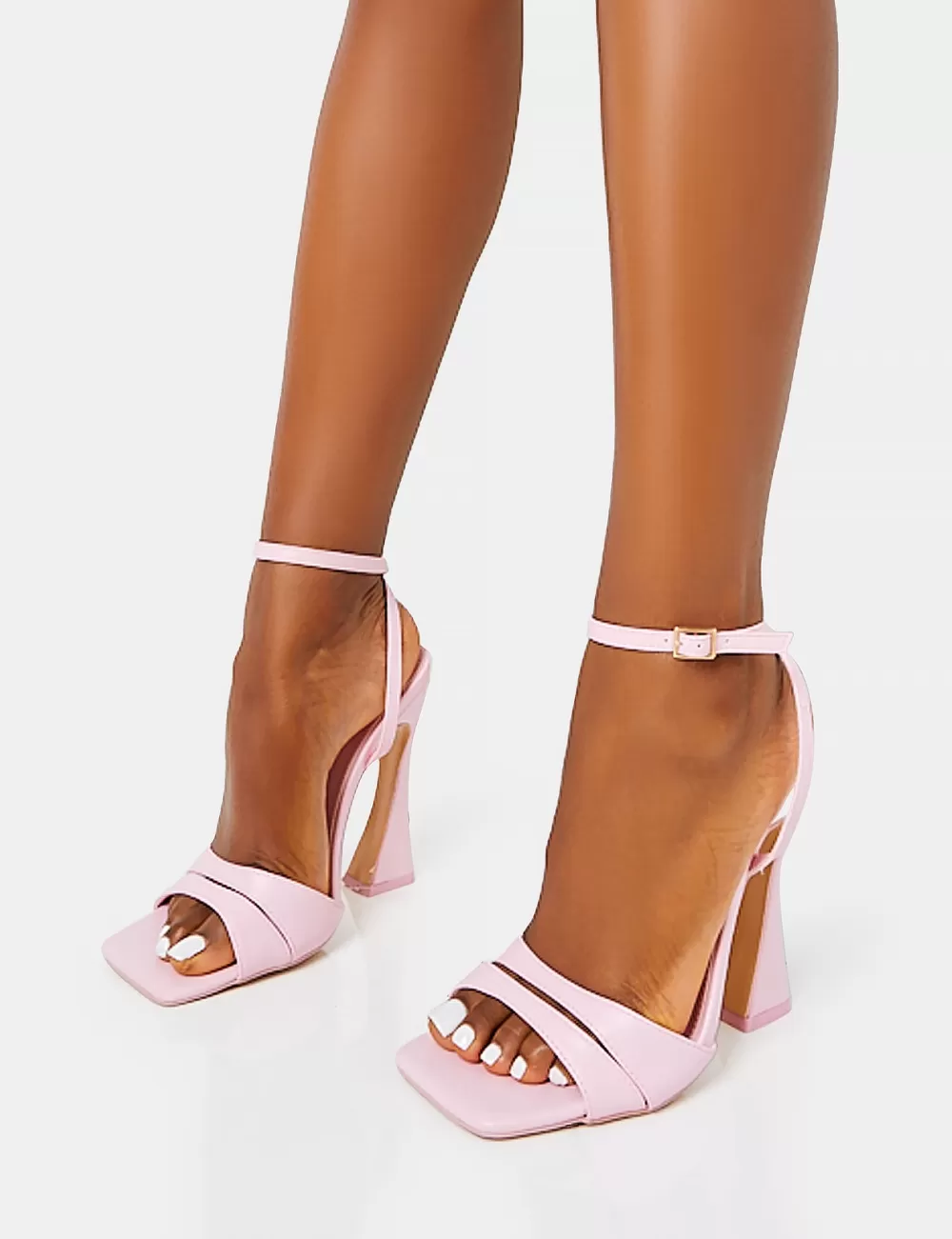 Cheap Public Desire Saintly Wide Fit Baby Pink Pu Wrap Around the Ankle Barley There Square Toe Flared Block High Heels