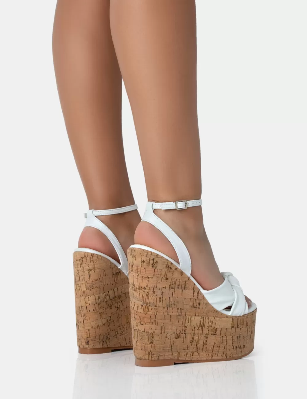 New Public Desire Sandy PU Knot Strap Round Toe Cork Wedge Heels White