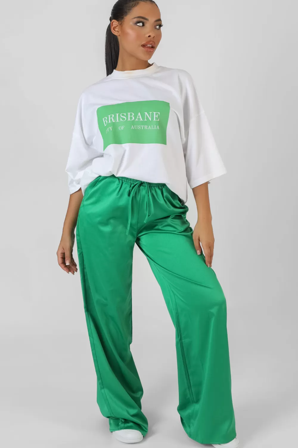 Best Public Desire Satin Wide Leg Trousers Green