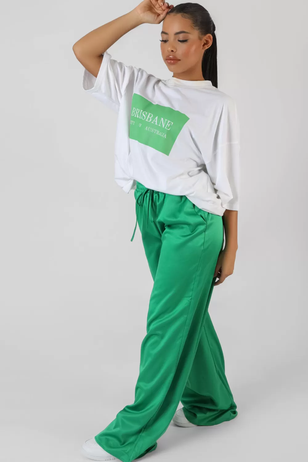 Best Public Desire Satin Wide Leg Trousers Green