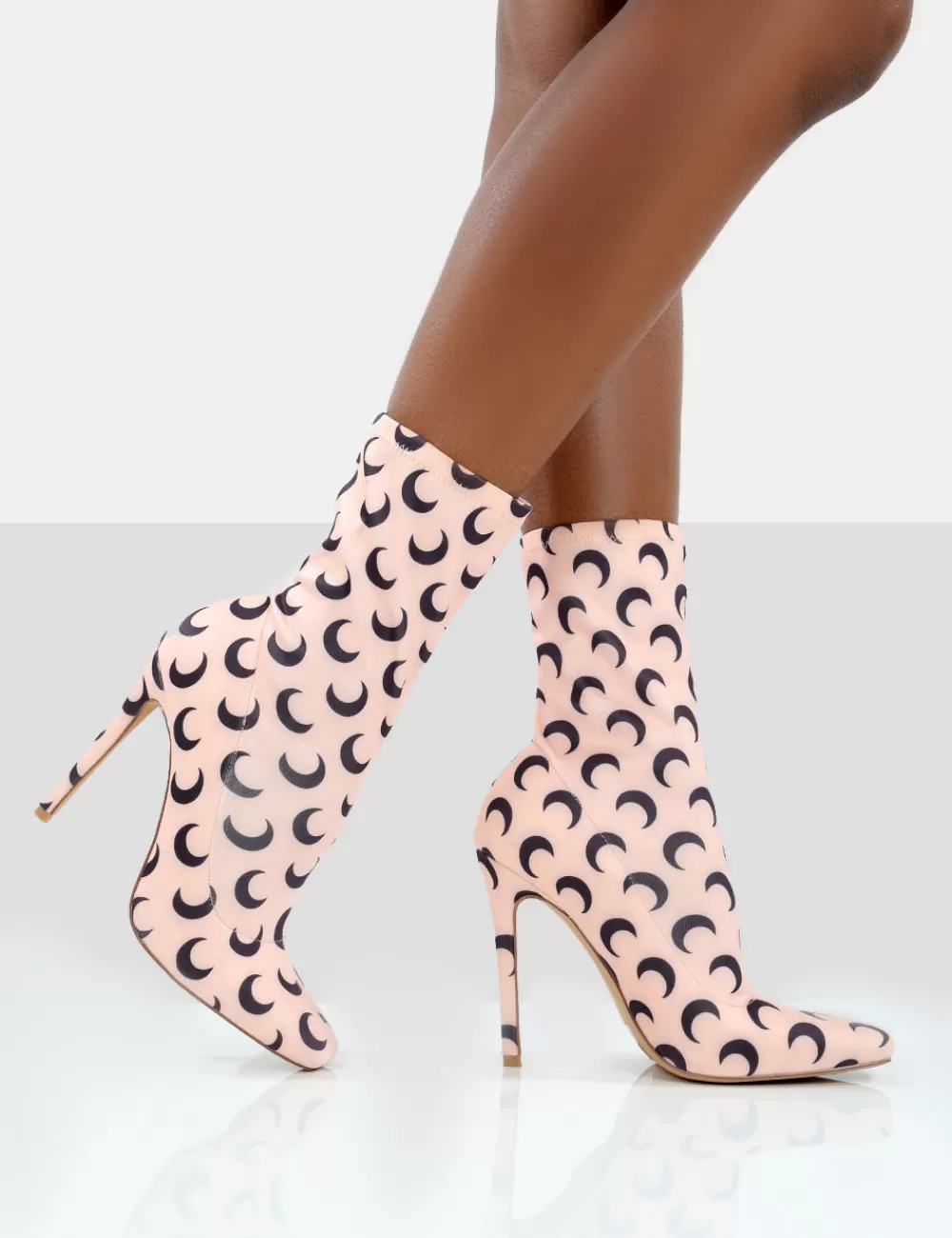 New Public Desire Saturn Return Pointed Toe Stiletto Printed Sock Boots Pink