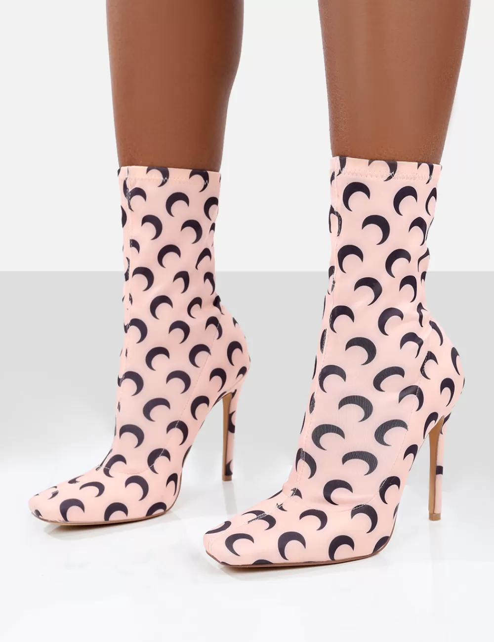 New Public Desire Saturn Return Pointed Toe Stiletto Printed Sock Boots Pink