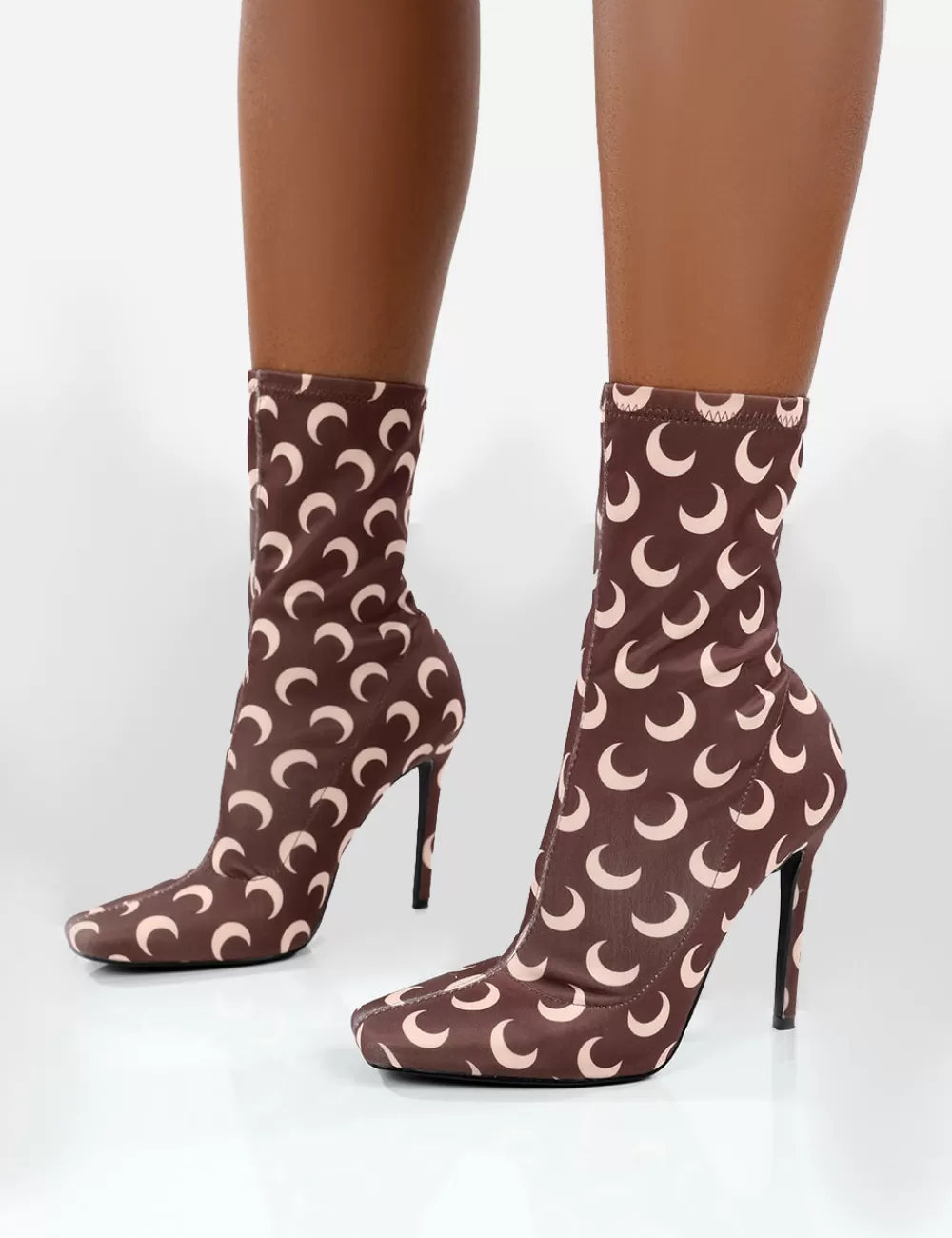 Best Public Desire Saturn Return Wide Fit Pointed Toe Stiletto Printed Sock Boots Brown