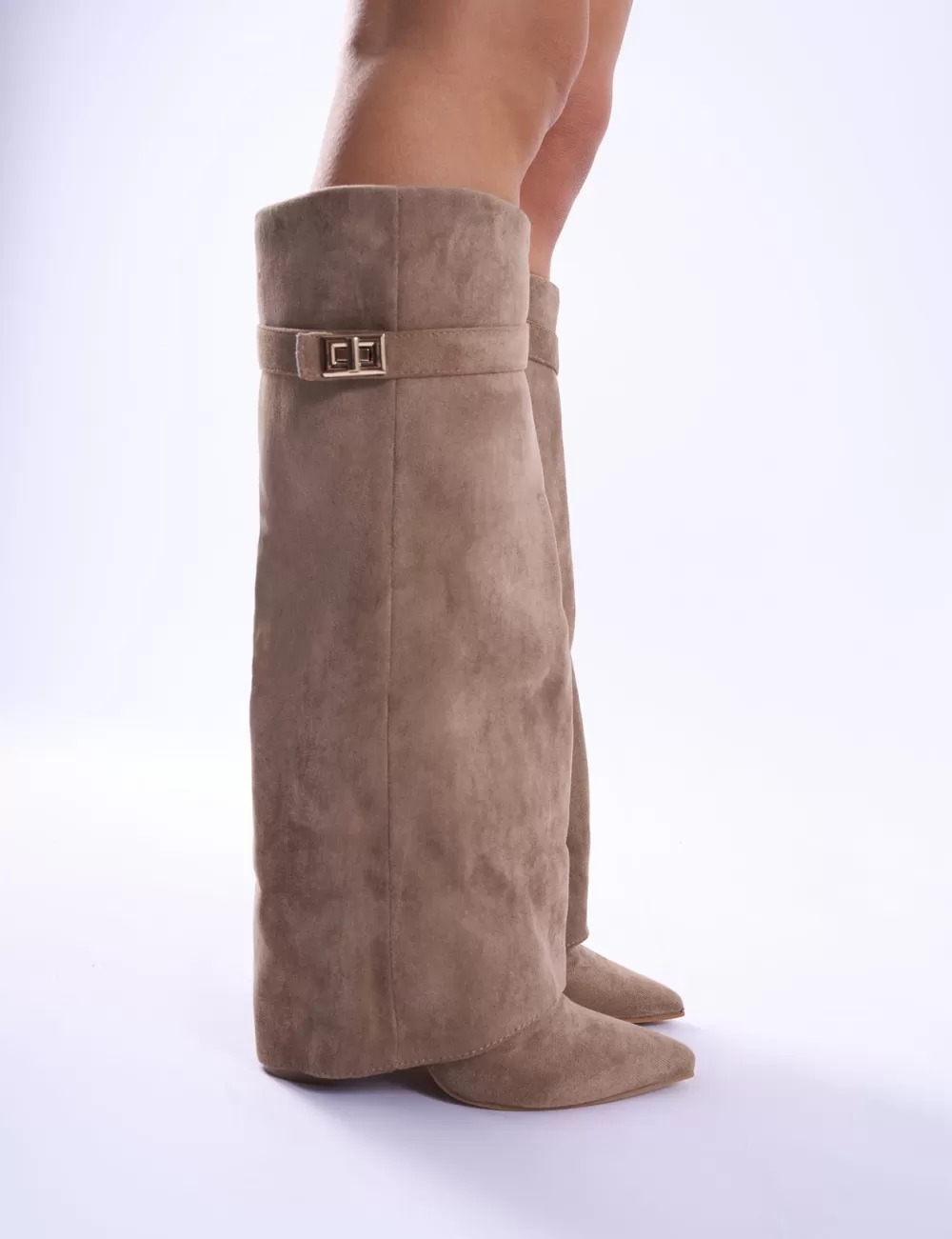 Shop Public Desire Say Yes Faux Suede Padlock Fold Over Knee High Boots Beige