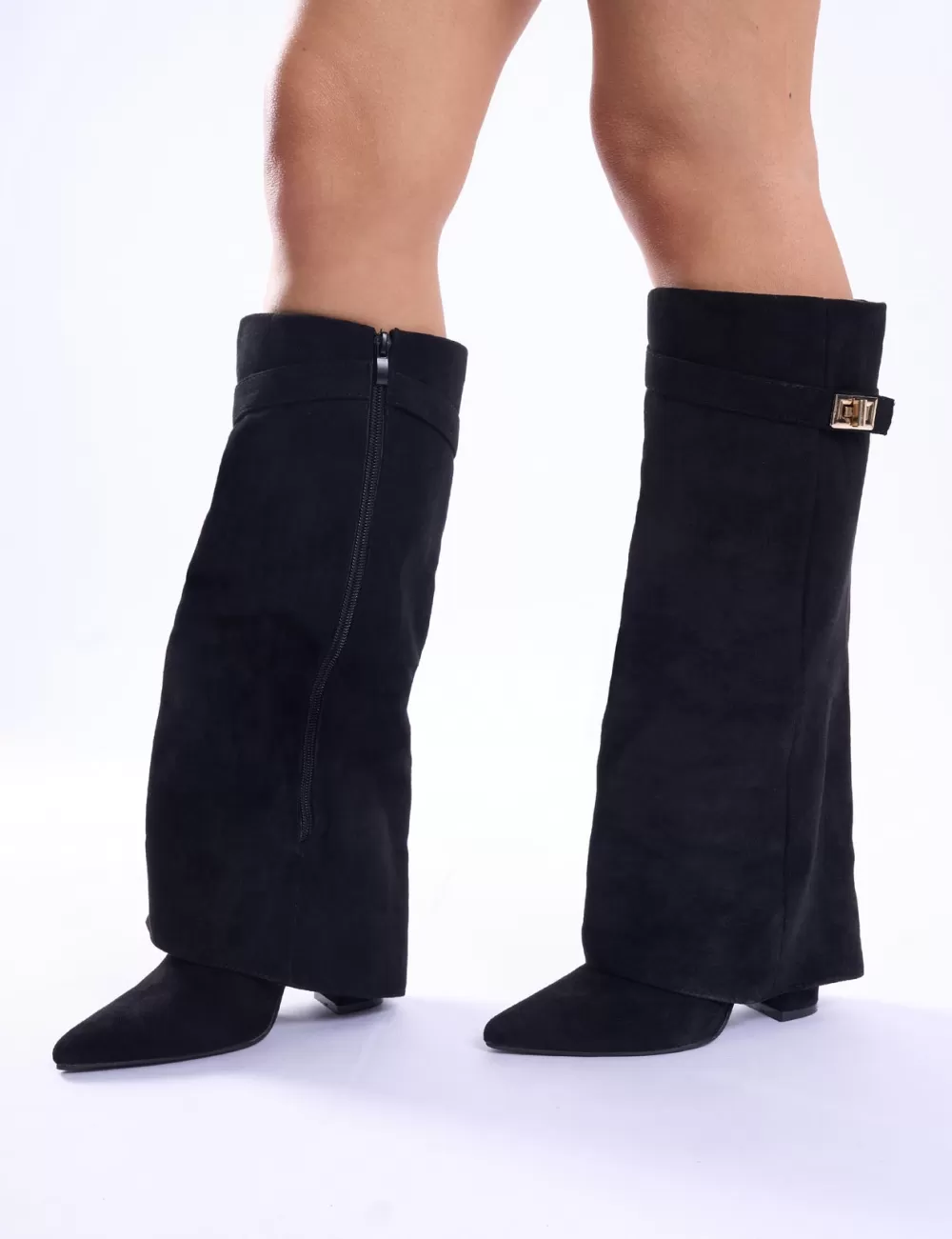 Outlet Public Desire Say Yes Faux Suede Padlock Fold Over Knee High Boots Black