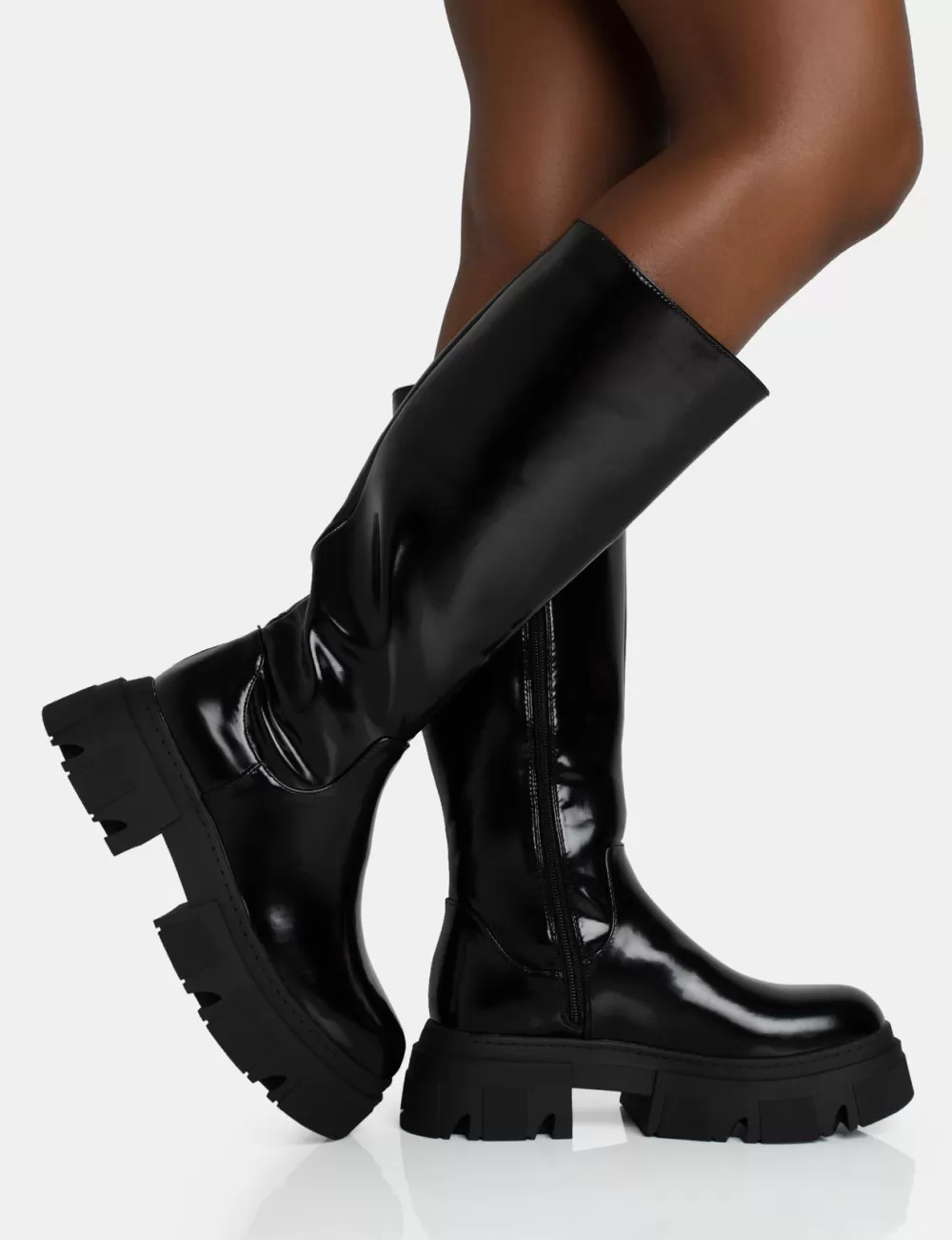 Outlet Public Desire Scorpio Rubberised Pu Rounded Toe Chunky Sole Knee High Boots Black