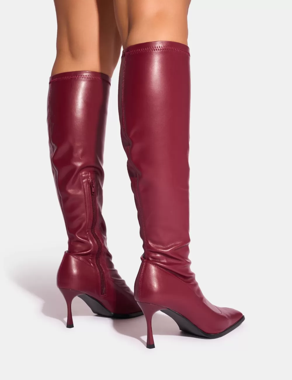 Hot Public Desire Scorpion Mid Heel Sock Knee High Boots Burgundy