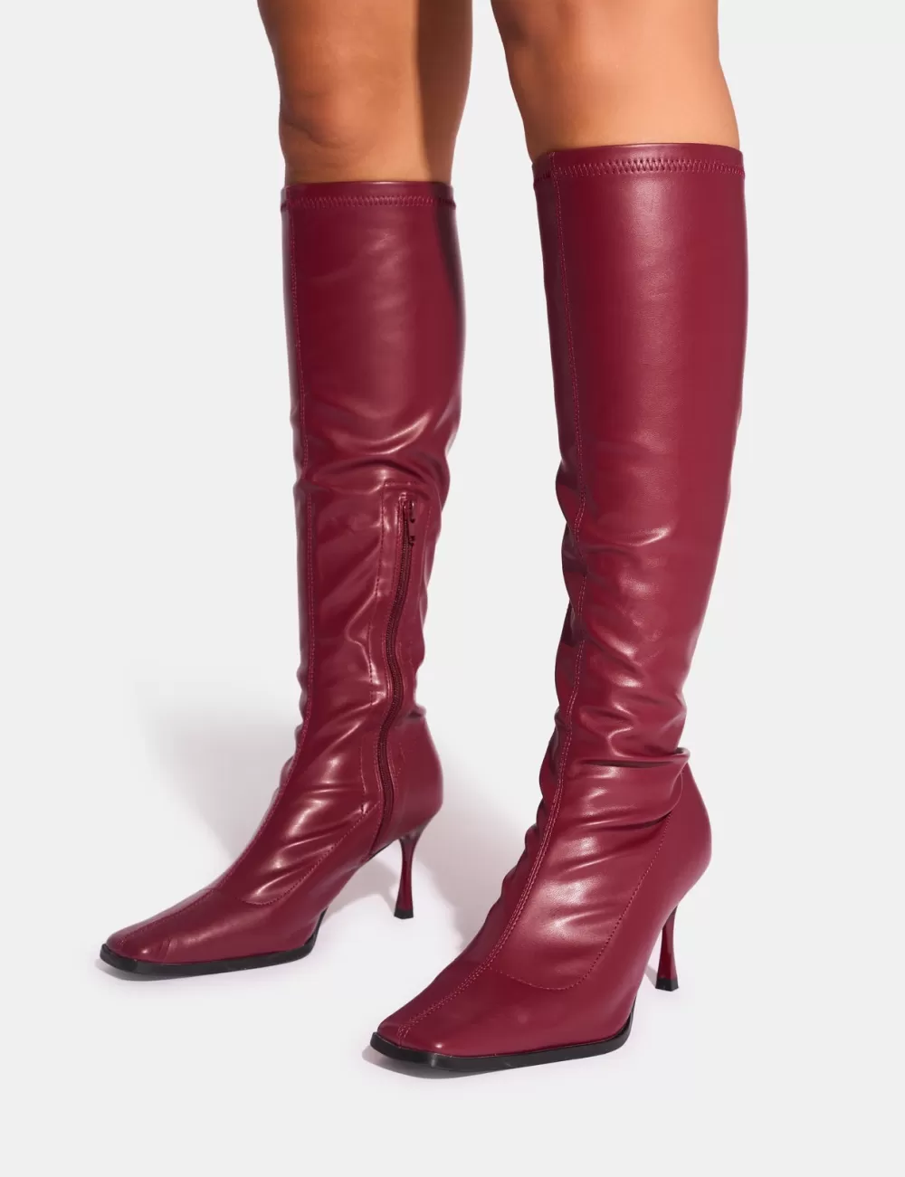 Hot Public Desire Scorpion Mid Heel Sock Knee High Boots Burgundy