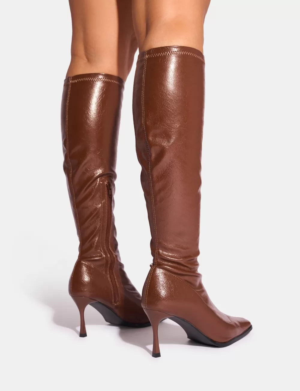 Best Public Desire Scorpion Chocolate Mid Heel Sock Knee High Boots Brown