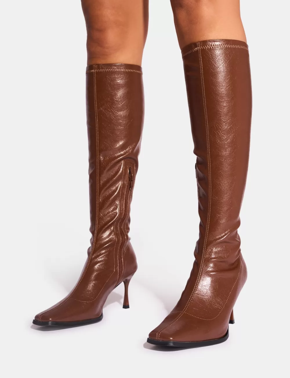 Best Public Desire Scorpion Chocolate Mid Heel Sock Knee High Boots Brown