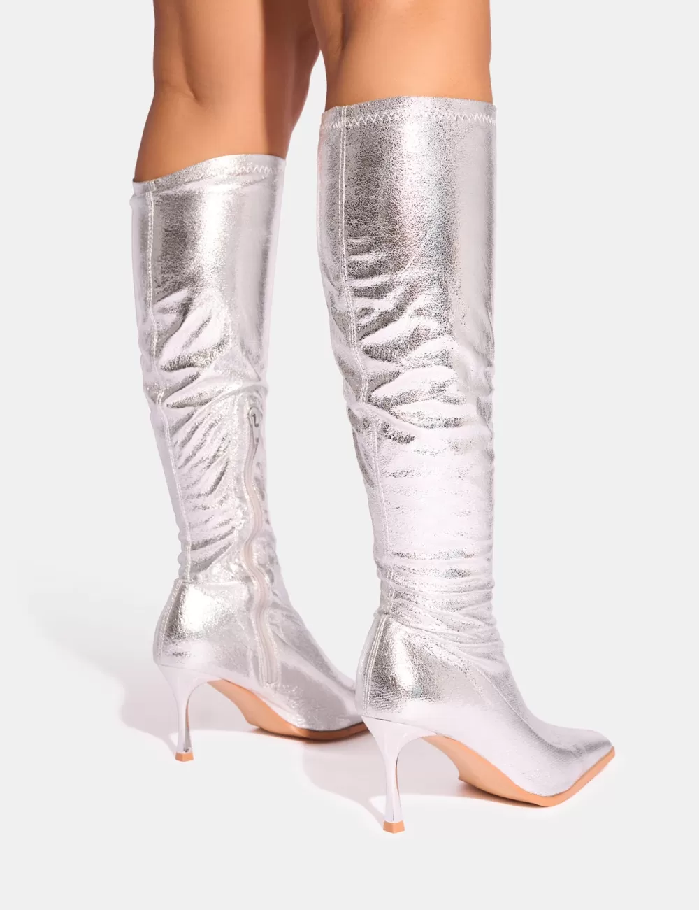 Online Public Desire Scorpion Cracked Mid Heel Sock Knee High Boots Silver