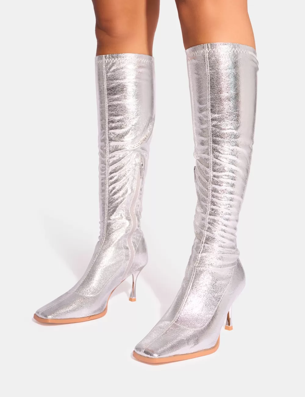 Online Public Desire Scorpion Cracked Mid Heel Sock Knee High Boots Silver